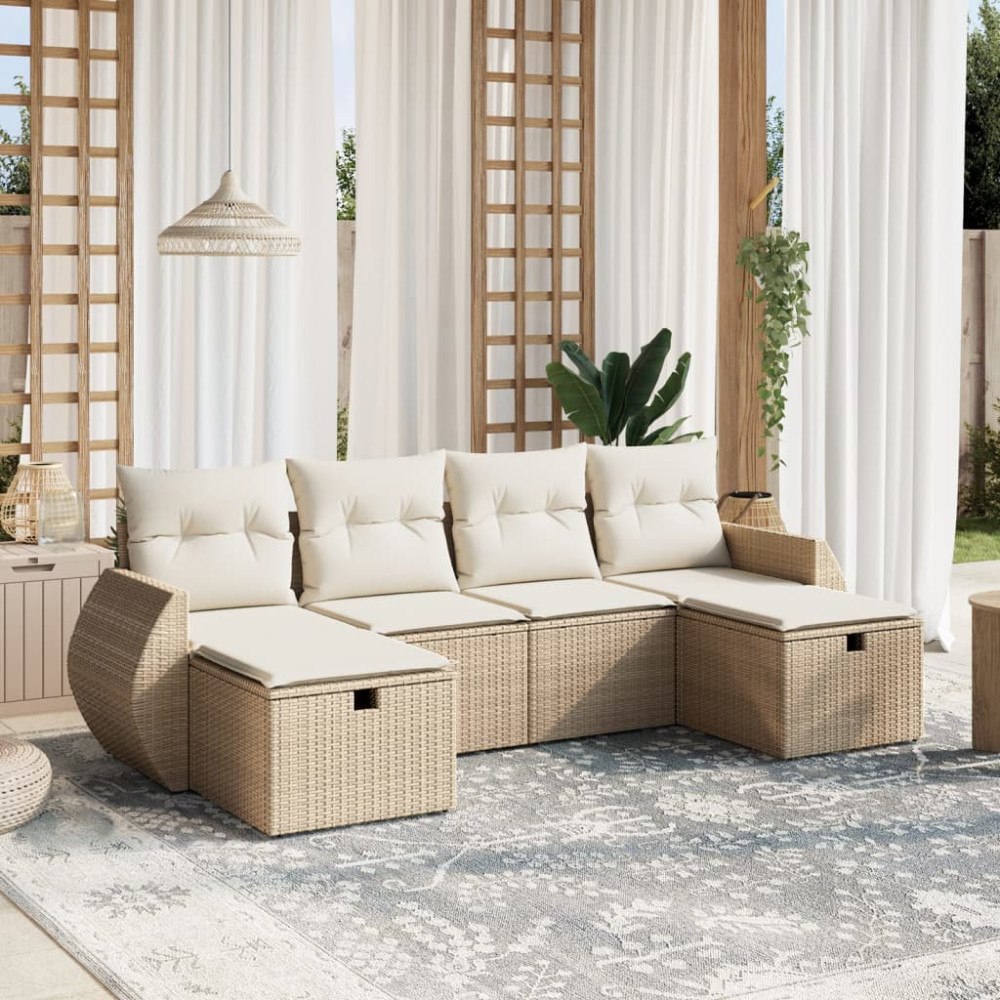 vidaXL Soffgrupp för trädgården med dynor 6 delar beige konstrotting