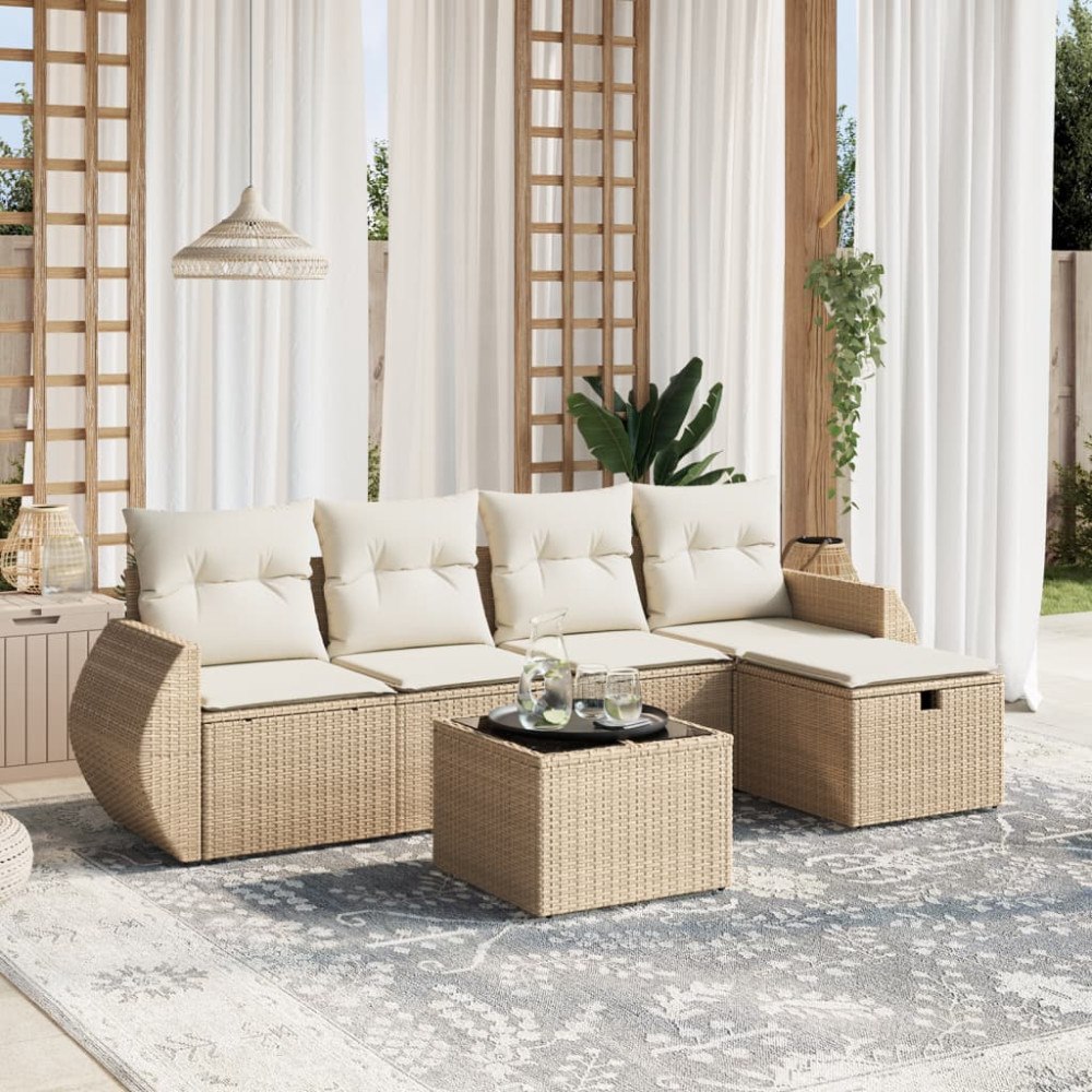 vidaXL Soffgrupp för trädgården med dynor 6 delar beige konstrotting