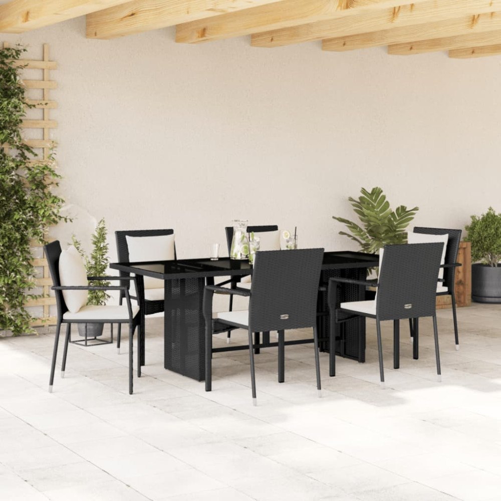 vidaXL Matgrupp för trädgården med dynor 7 delar svart konstrotting