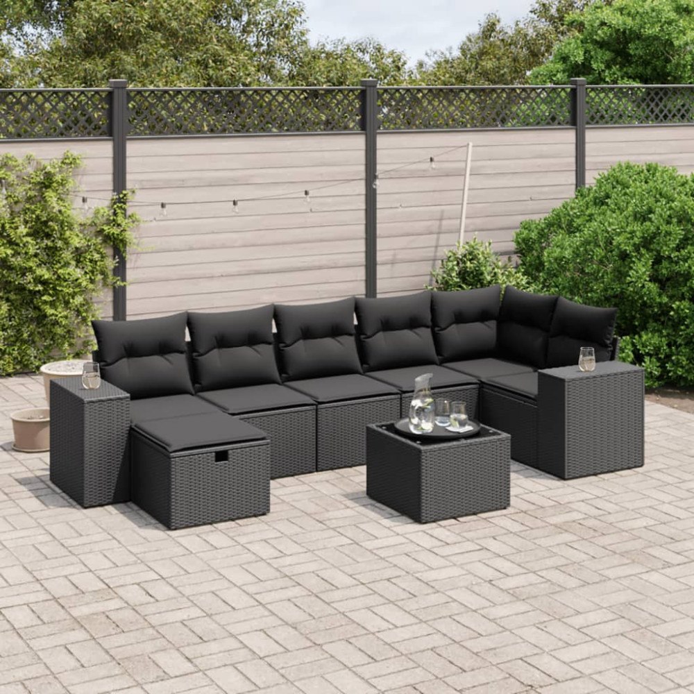 vidaXL Loungegrupp för trädgården med dynor 8 delar svart konstrotting