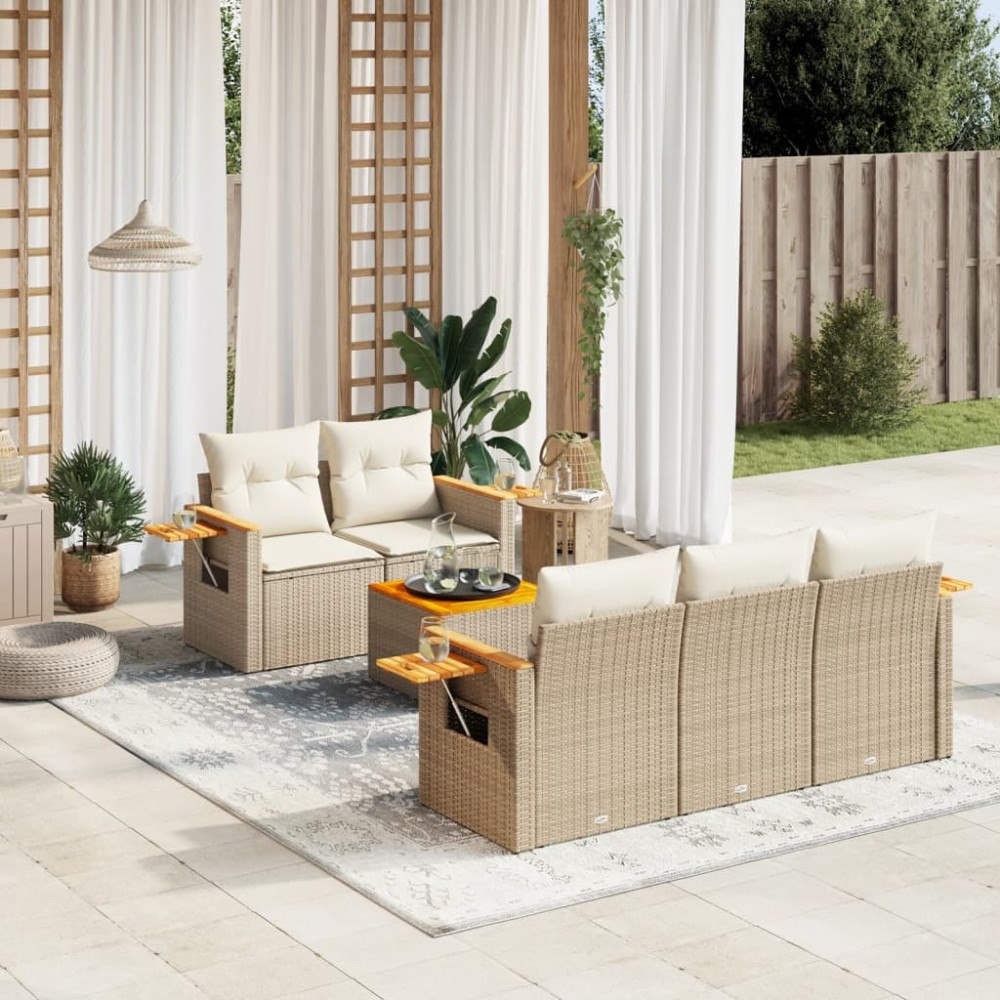 vidaXL Soffgrupp för trädgården med dynor 6 delar beige konstrotting