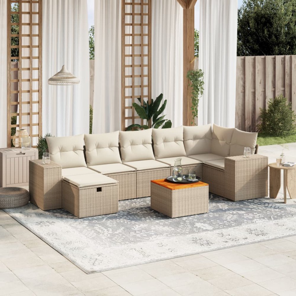 vidaXL Matgrupp för trädgården med dynor 8 delar beige konstrotting