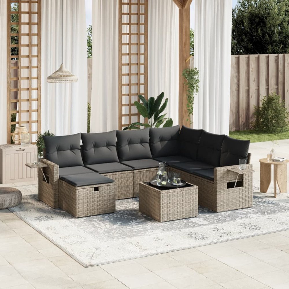 vidaXL Loungegrupp för trädgården med dynor 8 delar grå konstrotting