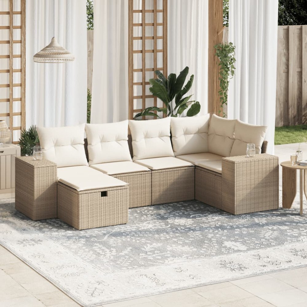 vidaXL Soffgrupp för trädgården med dynor 6 delar beige konstrotting
