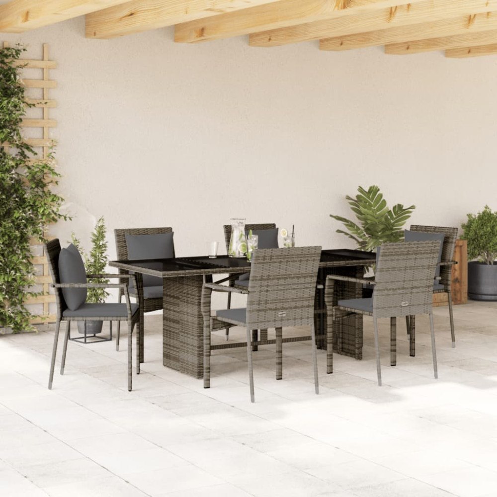 vidaXL Matgrupp för trädgården med dynor 7 delar grå konstrotting