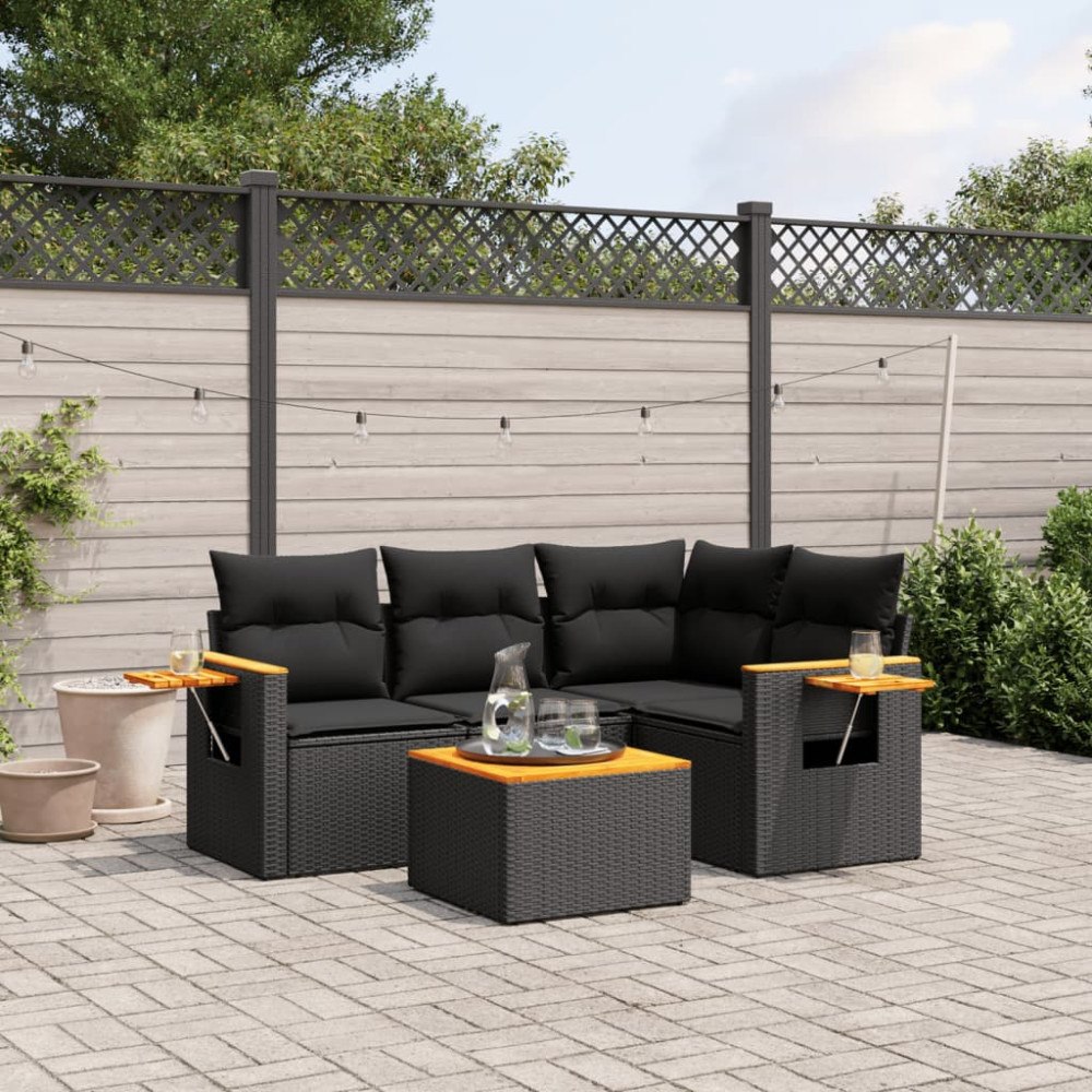 vidaXL Loungegrupp för trädgården med dynor 5 delar svart konstrotting