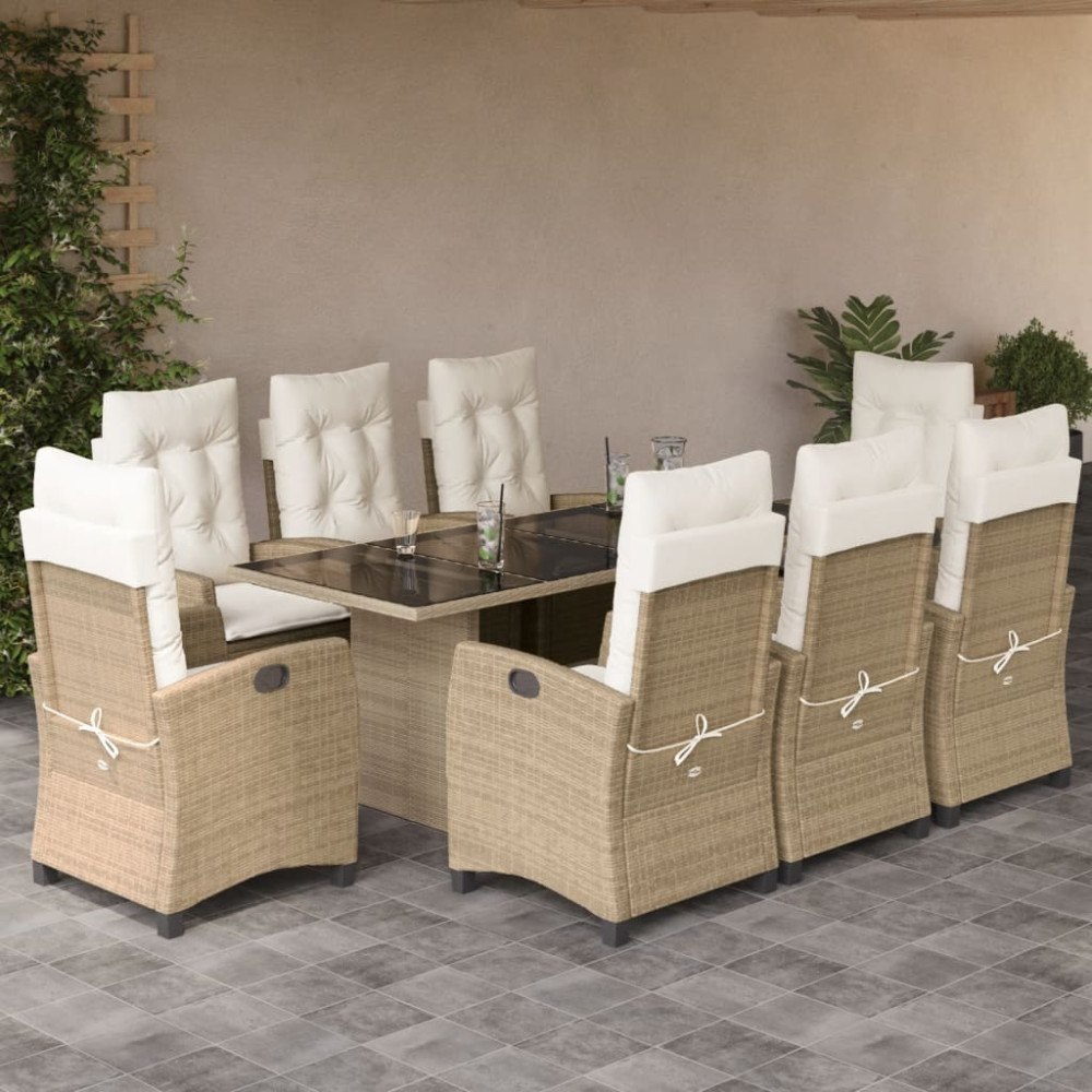 vidaXL Matgrupp för trädgården med dynor 9 delar beige konstrotting