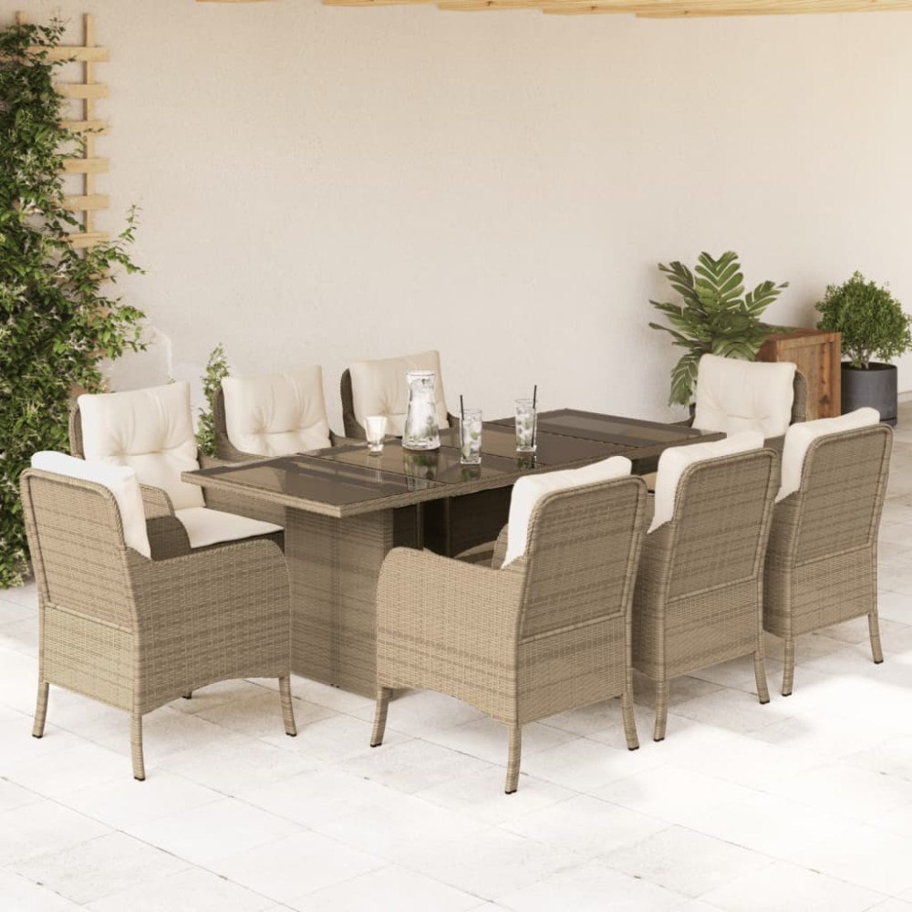 vidaXL Matgrupp för trädgården med dynor 9 delar beige konstrotting