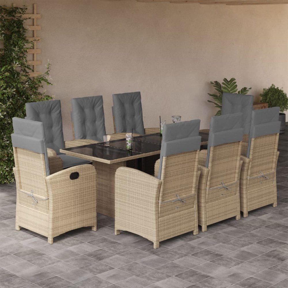 vidaXL Matgrupp för trädgården med dynor 9 delar mixbeige konstrotting