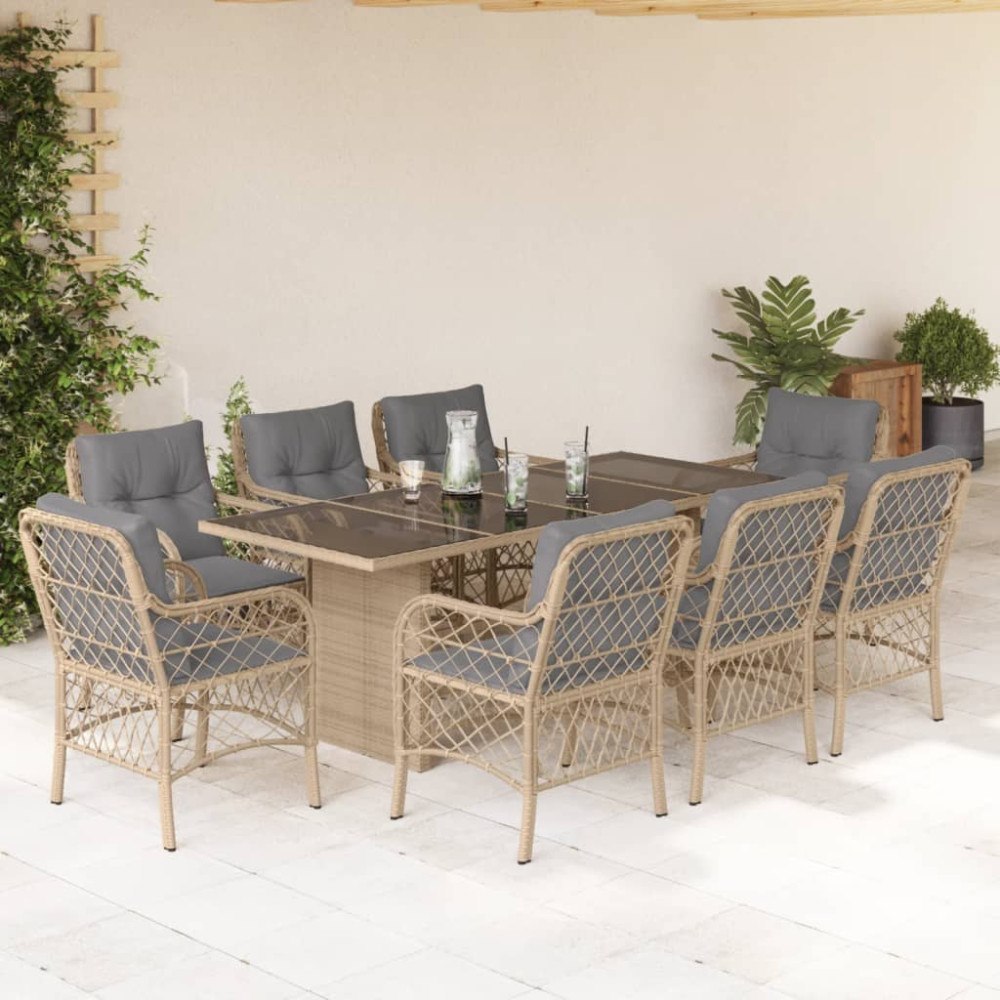 vidaXL Matgrupp för trädgården med dynor 9 delar mixbeige konstrotting