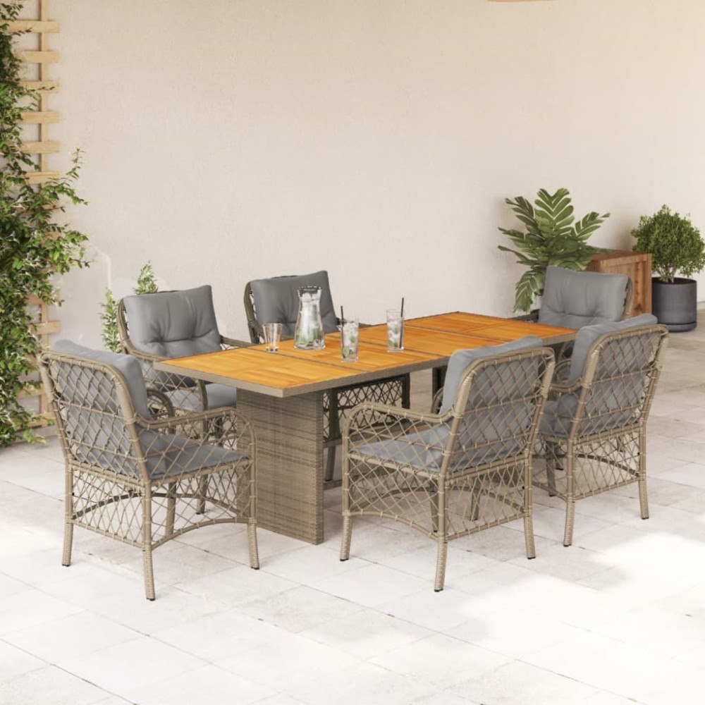 vidaXL Matgrupp för trädgården med dynor 7 delar mixbeige konstrotting