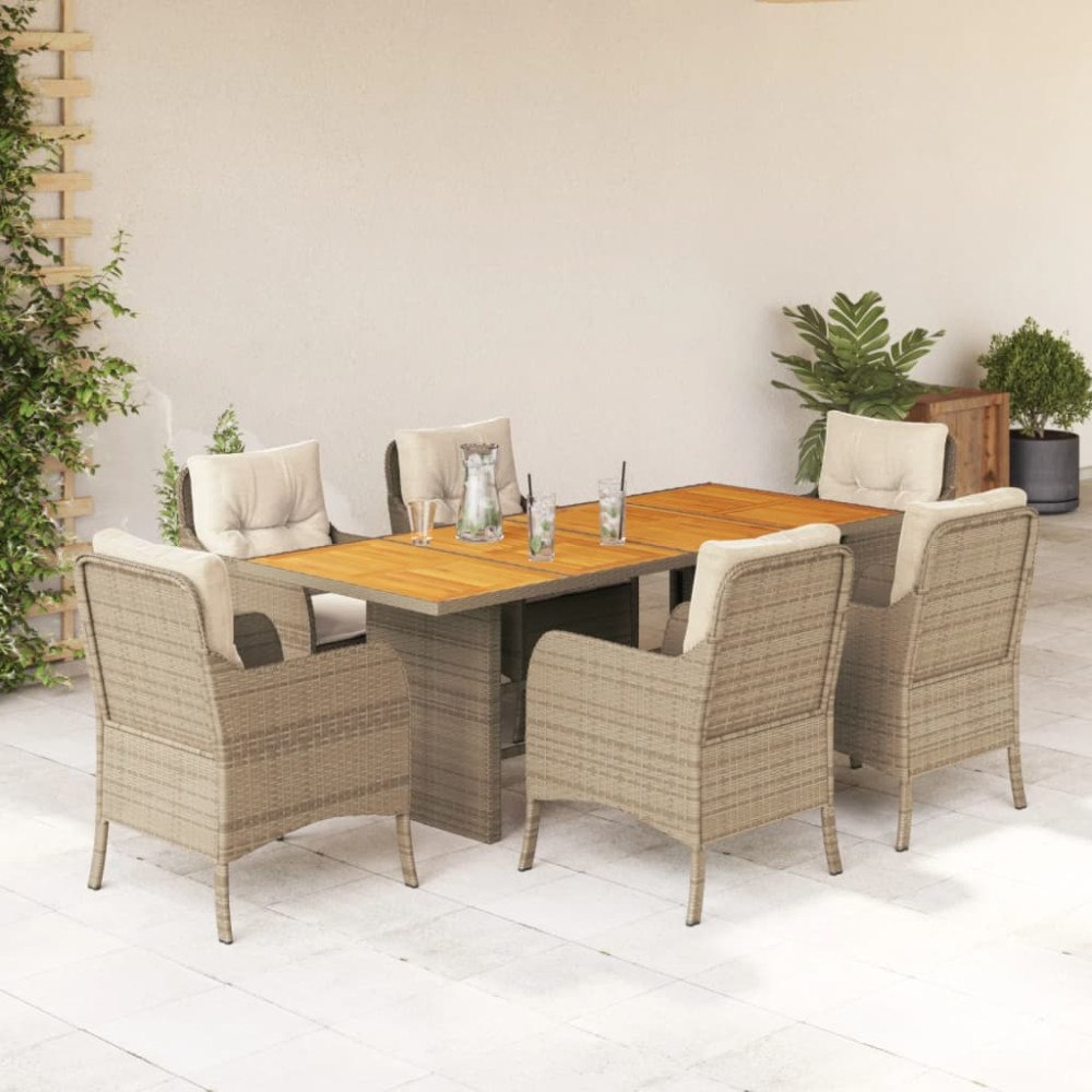 vidaXL Matgrupp för trädgården med dynor 7 delar beige konstrotting