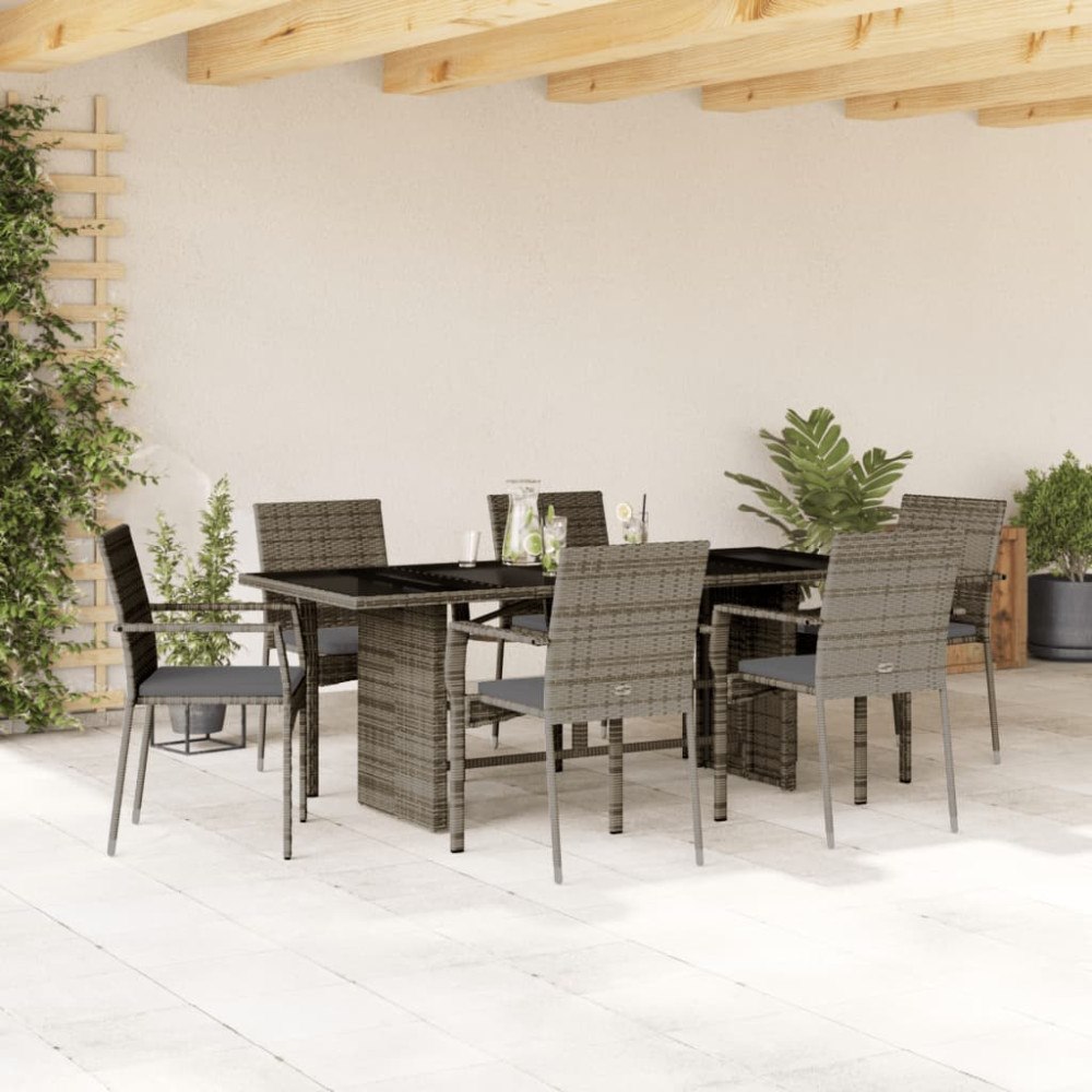 vidaXL Matgrupp för trädgården med dynor 7 delar grå konstrotting