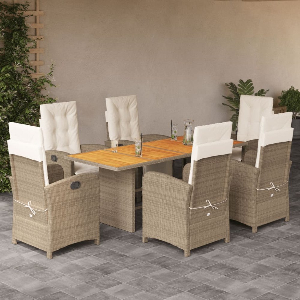vidaXL Matgrupp för trädgården med dynor 7 delar beige konstrotting