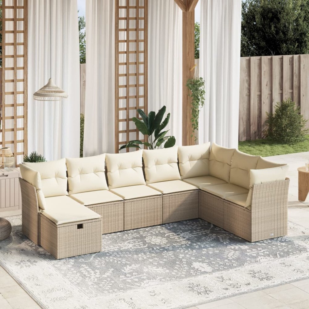 vidaXL Matgrupp för trädgården med dynor 8 delar beige konstrotting