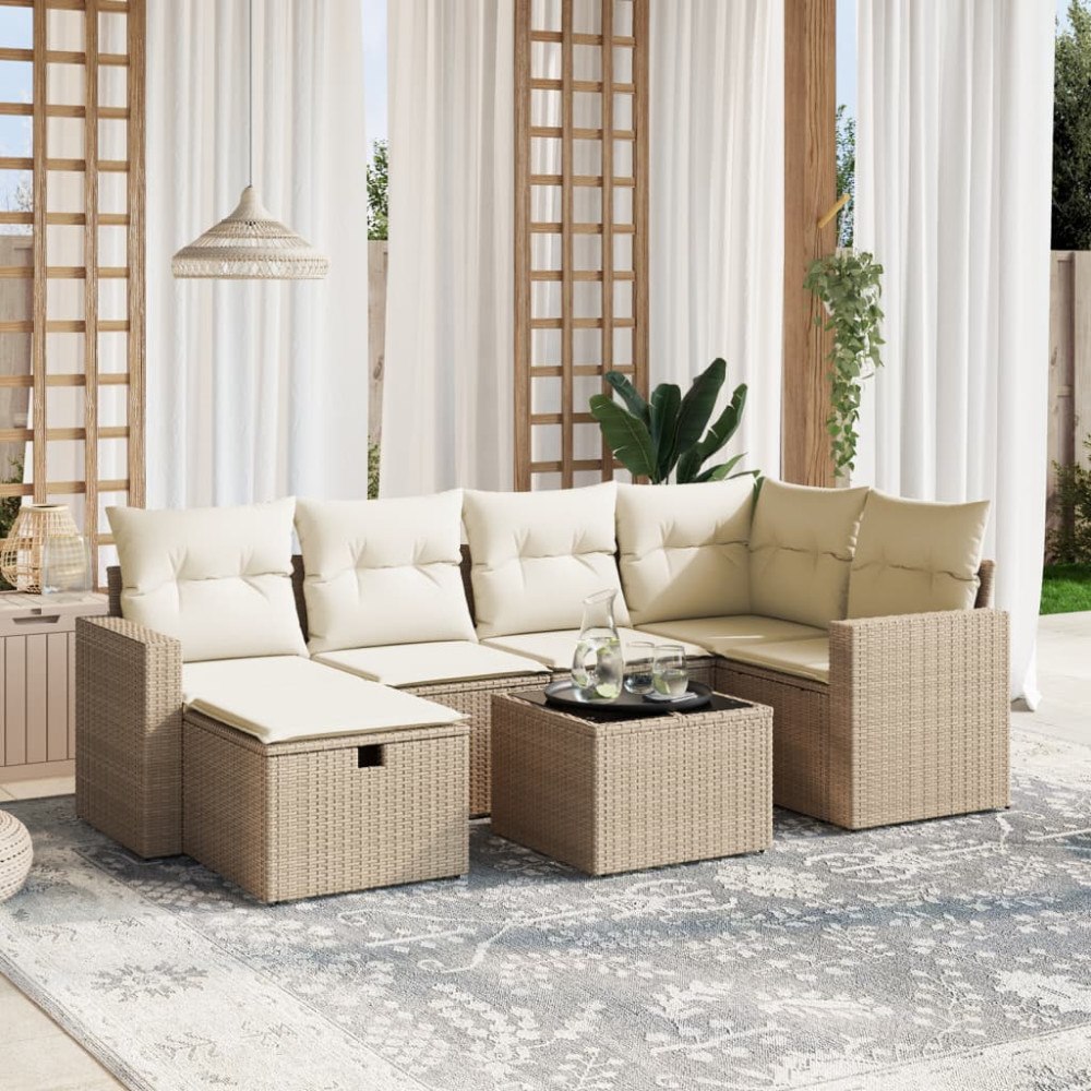 vidaXL Matgrupp för trädgården med dynor 7 delar beige konstrotting
