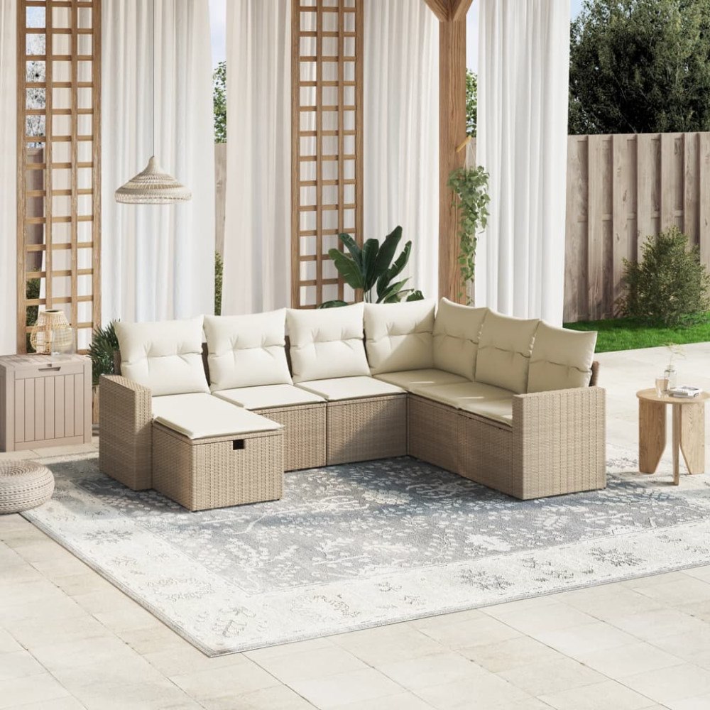 vidaXL Matgrupp för trädgården med dynor 7 delar beige konstrotting