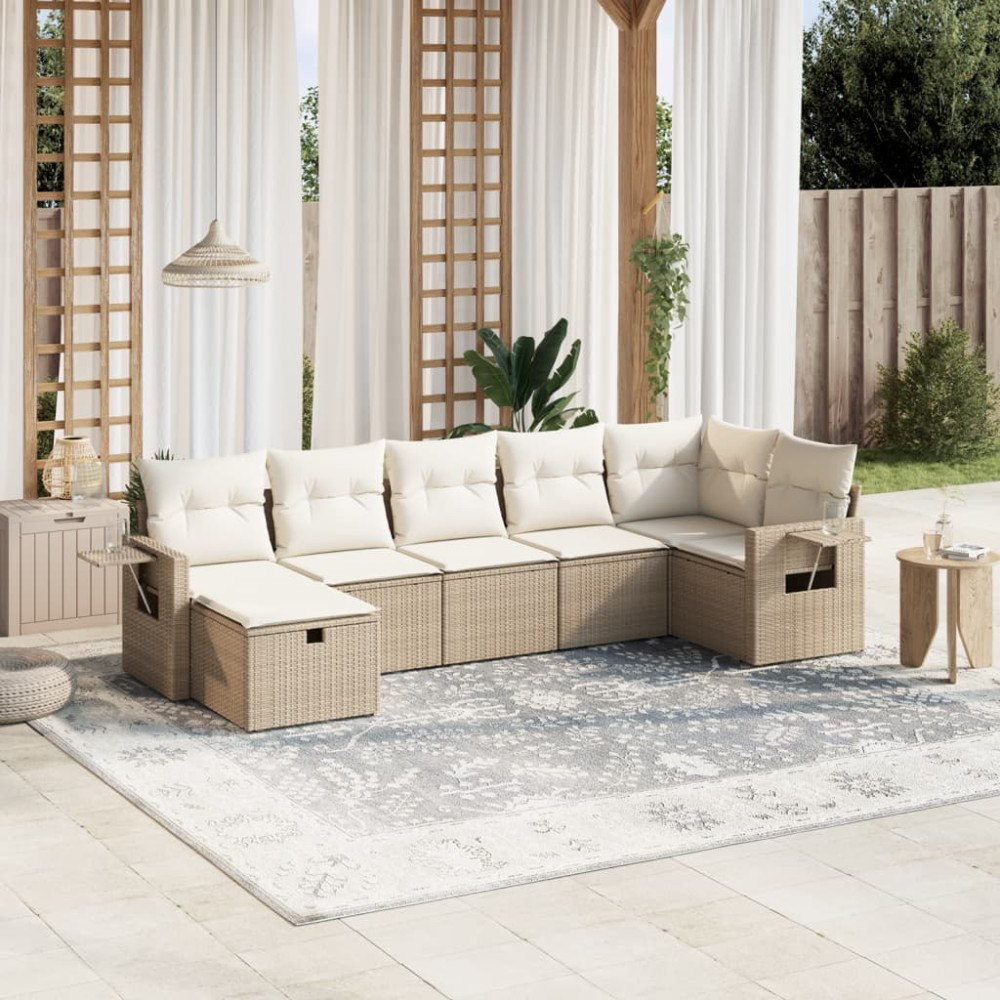 vidaXL Matgrupp för trädgården med dynor 7 delar beige konstrotting