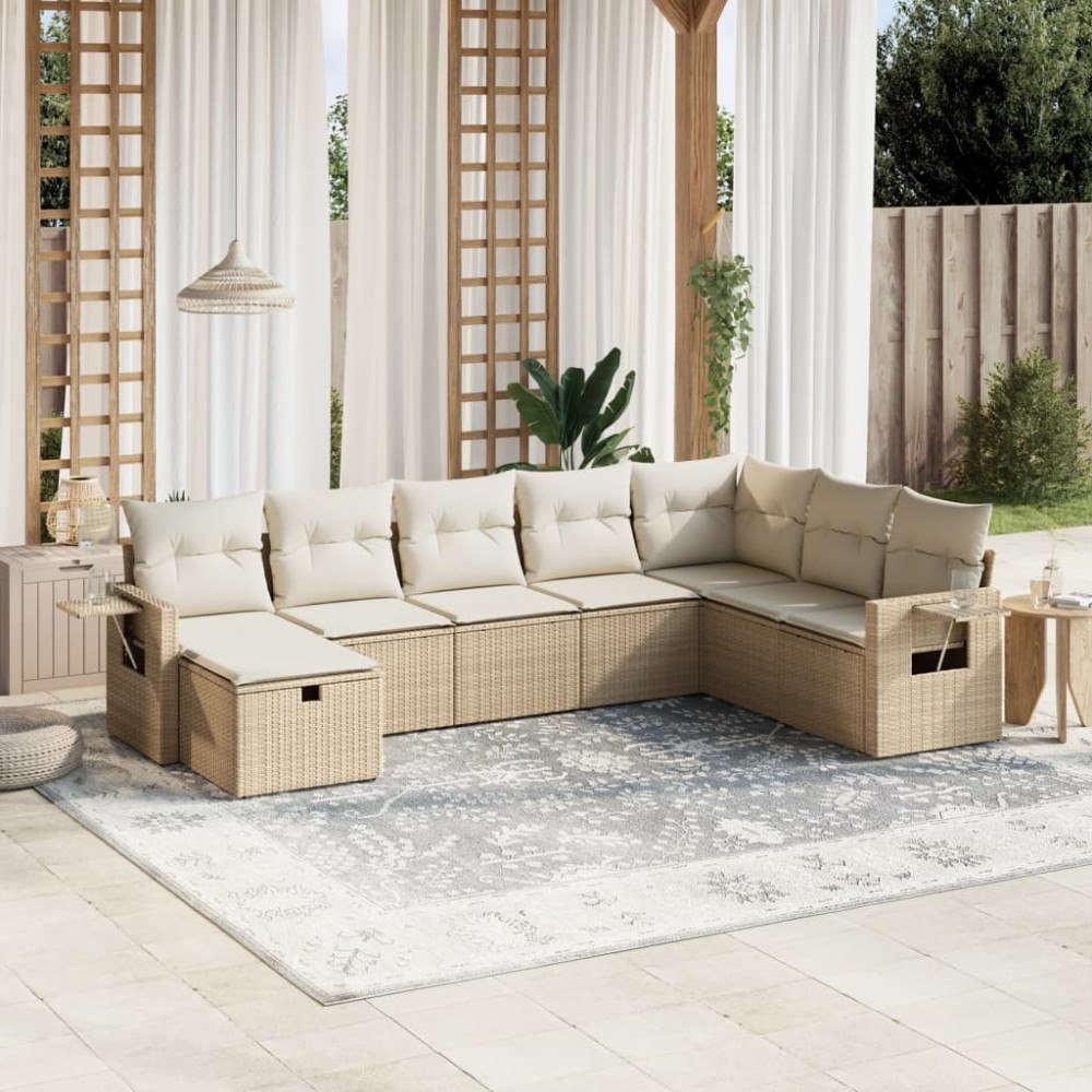 vidaXL Matgrupp för trädgården med dynor 8 delar beige konstrotting