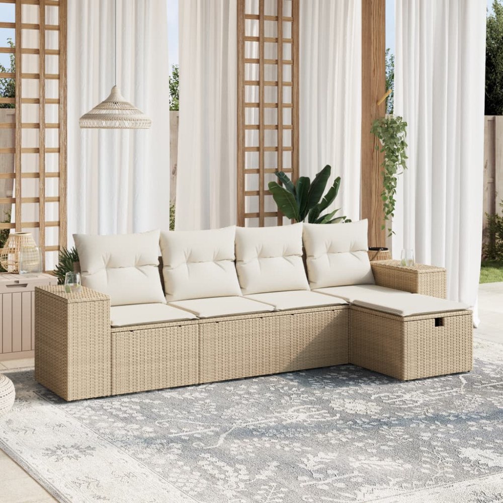 vidaXL Soffgrupp för trädgården med dynor 5 delar beige konstrotting
