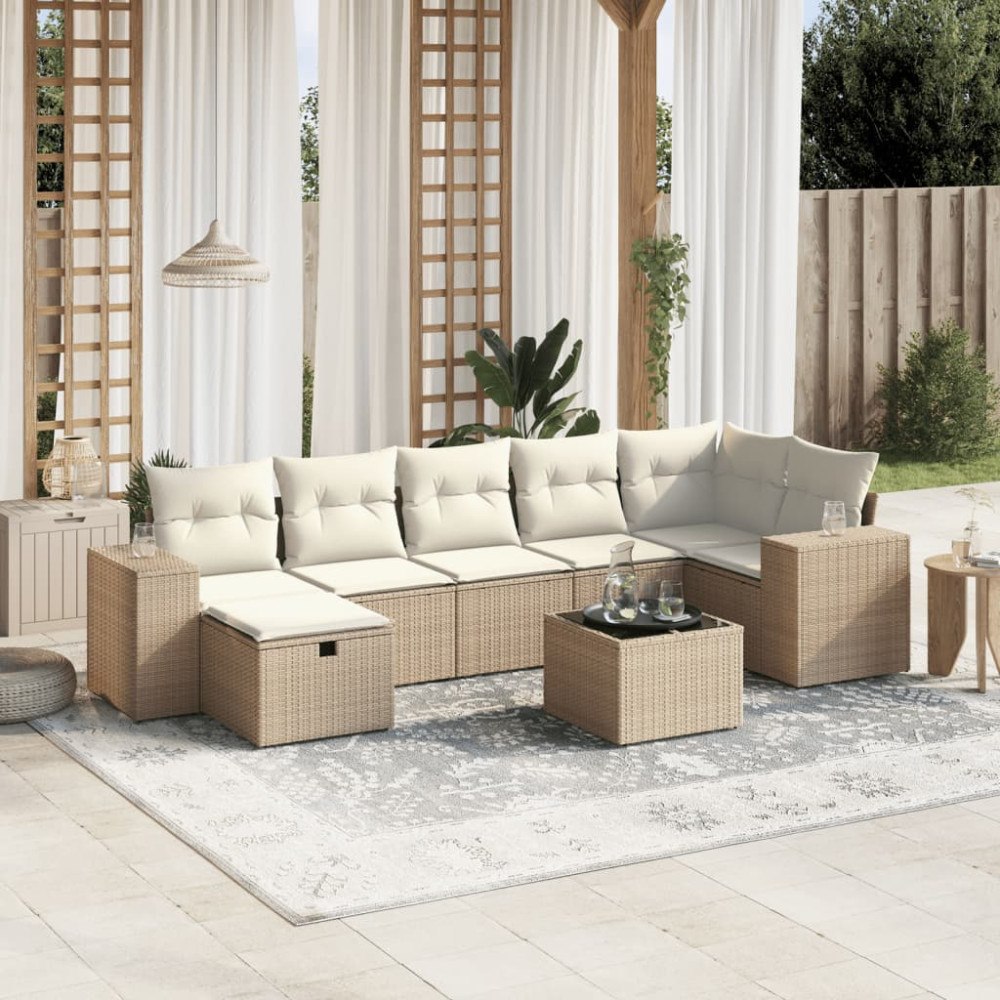 vidaXL Matgrupp för trädgården med dynor 8 delar beige konstrotting