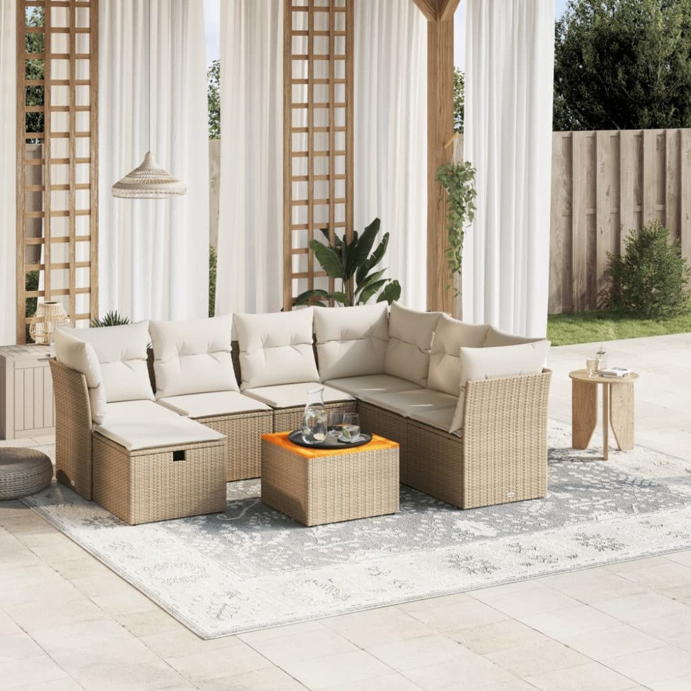 vidaXL Matgrupp för trädgården med dynor 8 delar beige konstrotting