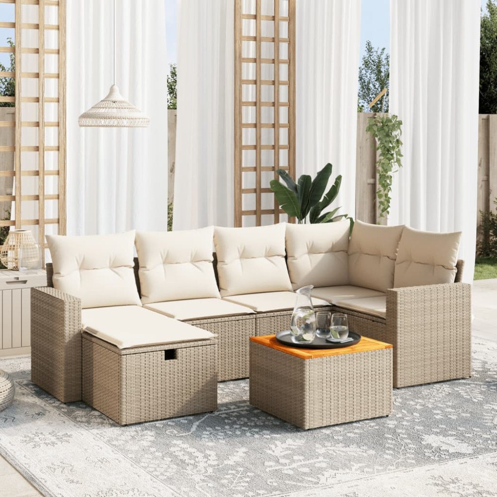vidaXL Matgrupp för trädgården med dynor 7 delar beige konstrotting