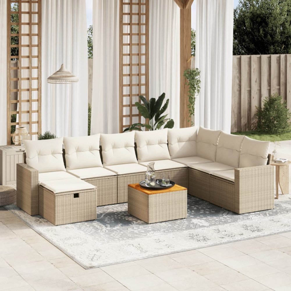 vidaXL Soffgrupp för trädgården med dynor 9 delar beige konstrotting