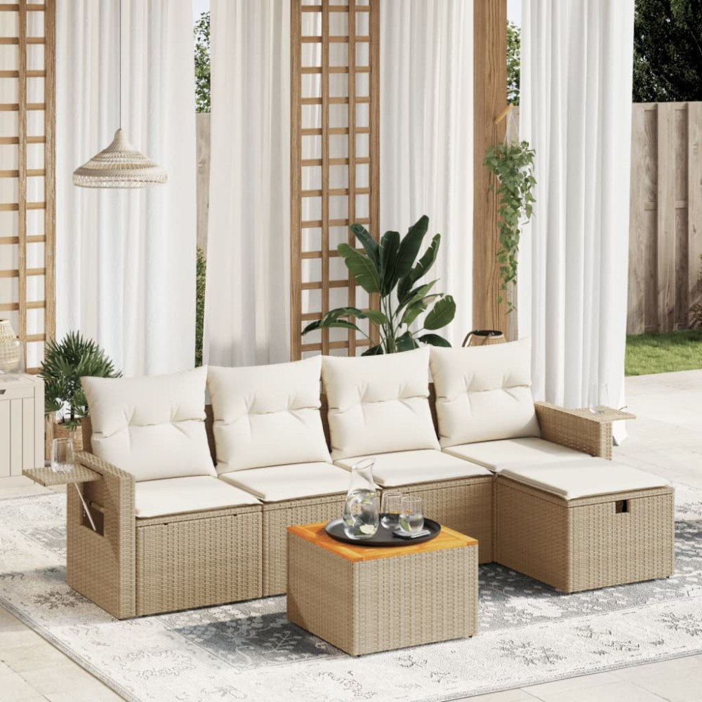 vidaXL Soffgrupp för trädgården med dynor 6 delar beige konstrotting