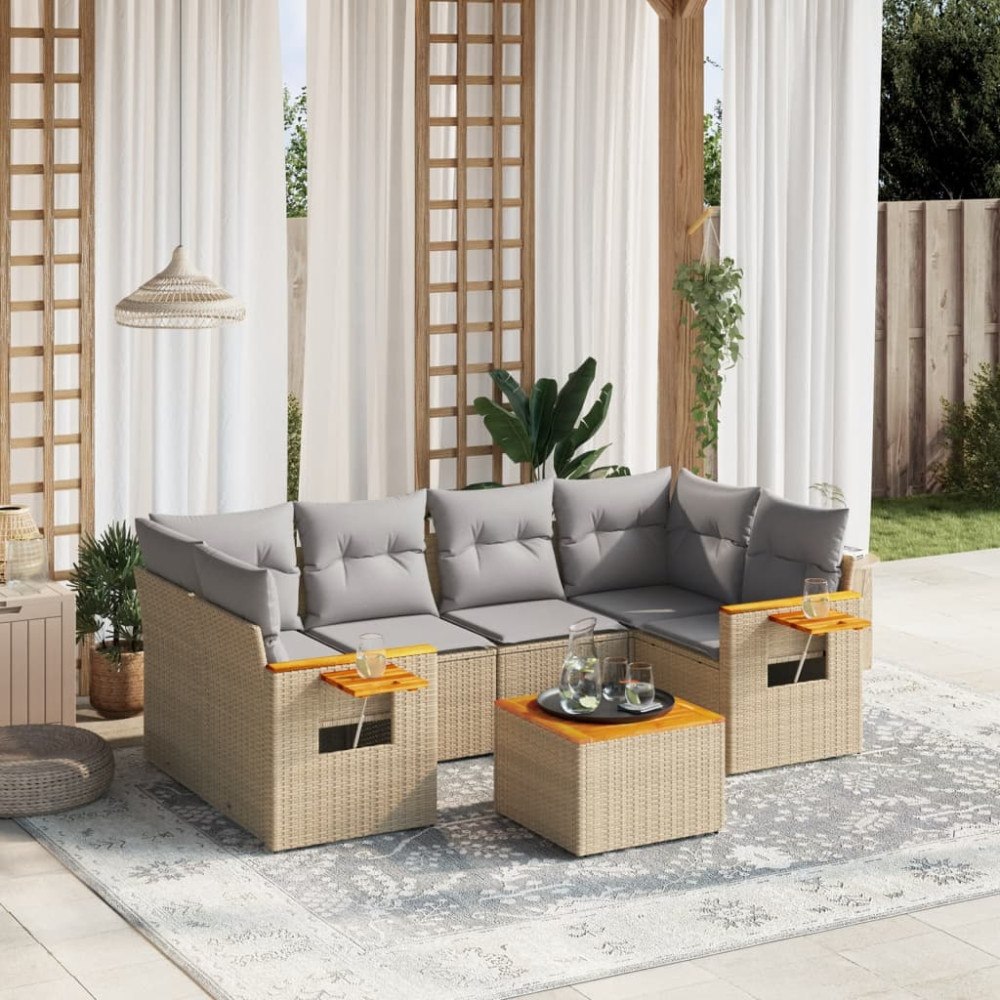 vidaXL Matgrupp för trädgården med dynor 7 delar beige konstrotting