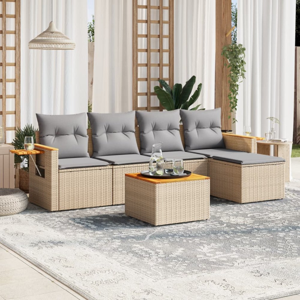vidaXL Soffgrupp för trädgården med dynor 6 delar beige konstrotting