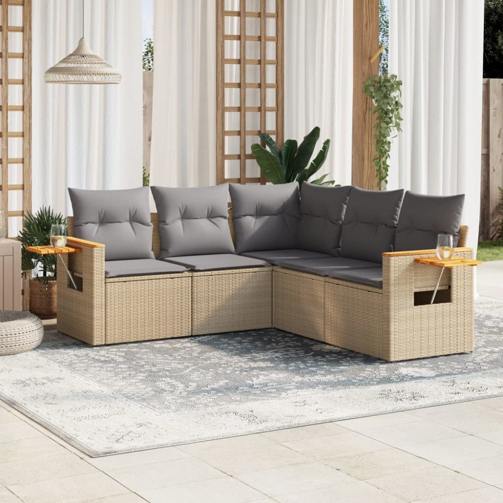 vidaXL Soffgrupp för trädgården med dynor 5 delar beige konstrotting