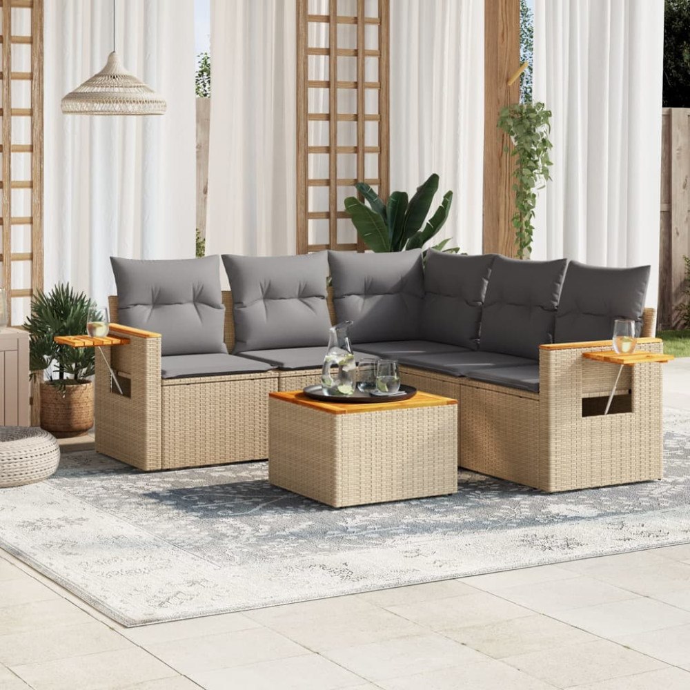 vidaXL Soffgrupp för trädgården med dynor 6 delar beige konstrotting