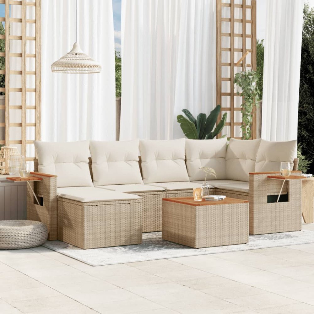 vidaXL Matgrupp för trädgården med dynor 7 delar beige konstrotting