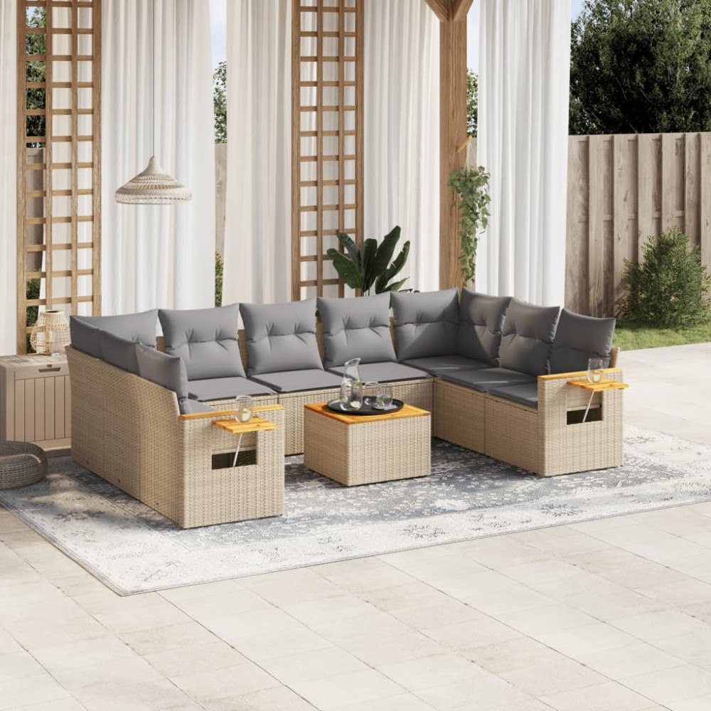 vidaXL Soffgrupp för trädgård med dynor 10 delar beige konstrotting
