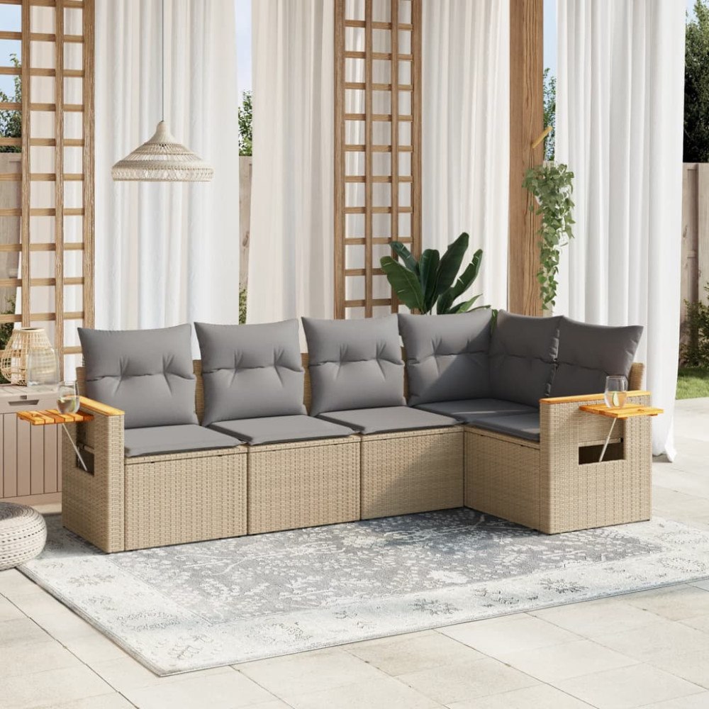 vidaXL Soffgrupp för trädgården med dynor 5 delar beige konstrotting