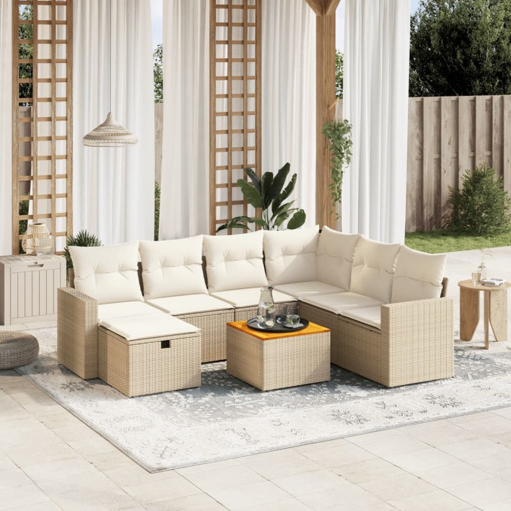vidaXL Matgrupp för trädgården med dynor 8 delar beige konstrotting
