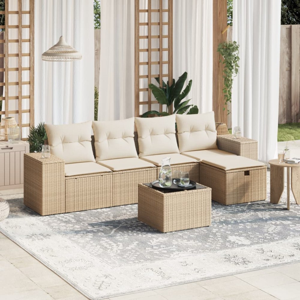 vidaXL Soffgrupp för trädgården med dynor 6 delar beige konstrotting