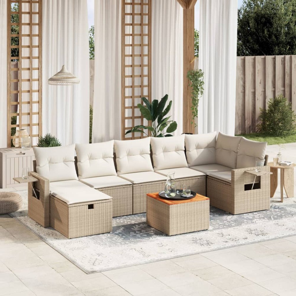 vidaXL Matgrupp för trädgården med dynor 8 delar beige konstrotting
