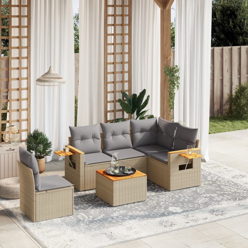 vidaXL Soffgrupp för trädgården med dynor 6 delar beige konstrotting