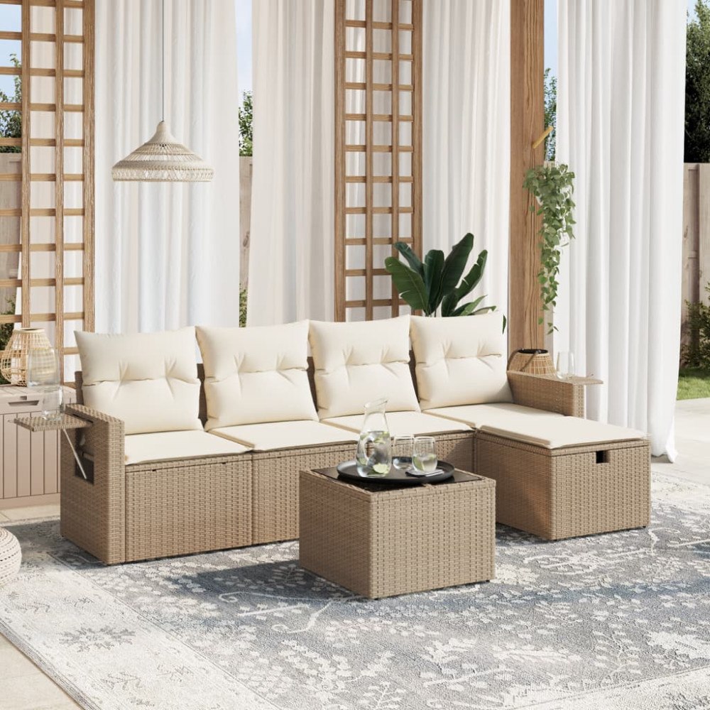 vidaXL Soffgrupp för trädgården med dynor 6 delar beige konstrotting