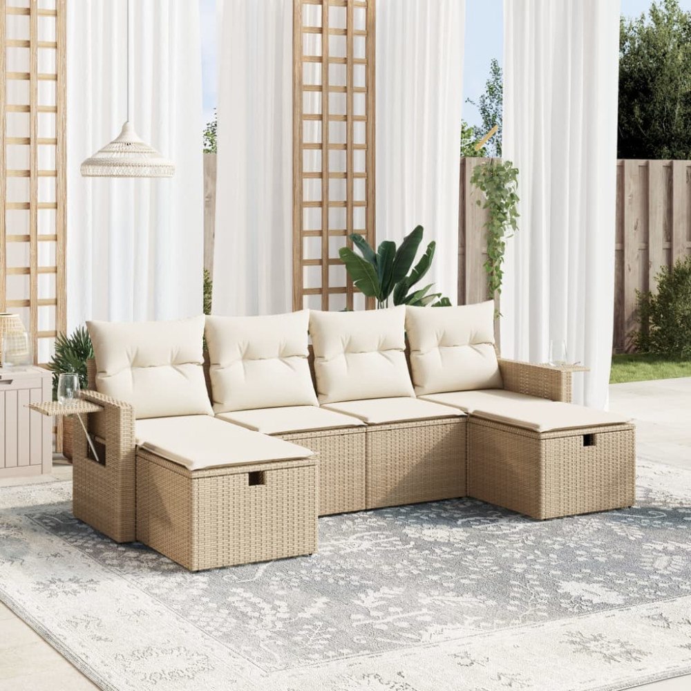 vidaXL Soffgrupp för trädgården med dynor 6 delar beige konstrotting