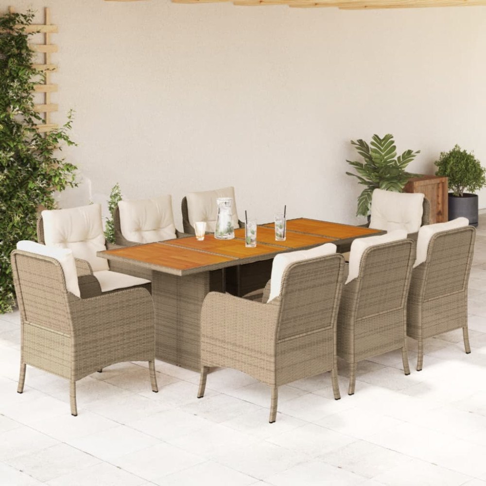 vidaXL Matgrupp för trädgården med dynor 9 delar beige konstrotting