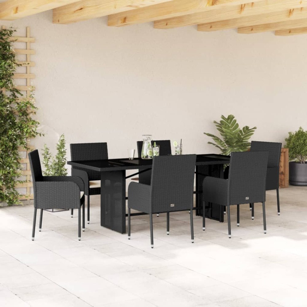 vidaXL Matgrupp för trädgården med dynor 7 delar svart konstrotting