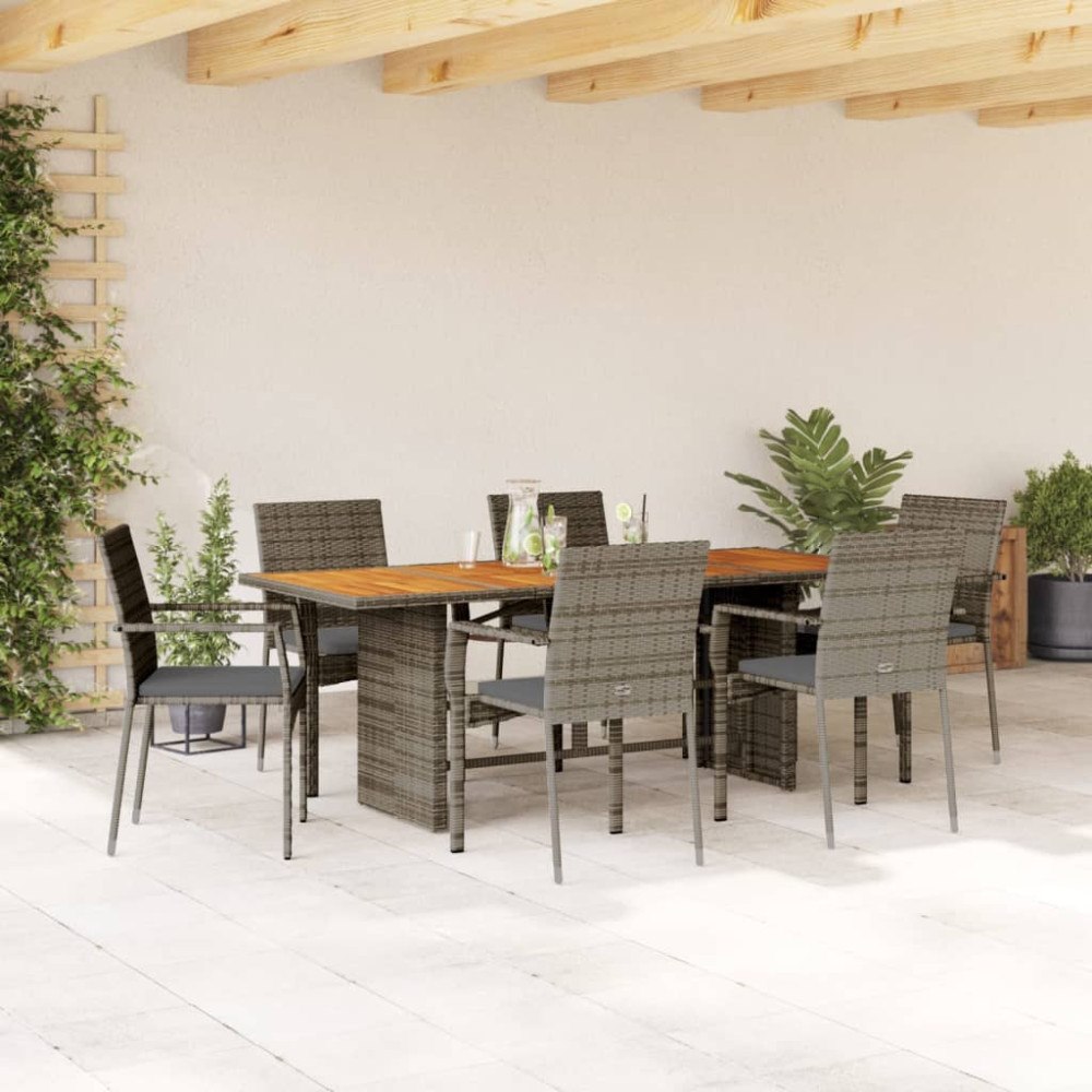 vidaXL Matgrupp för trädgården med dynor 7 delar grå konstrotting