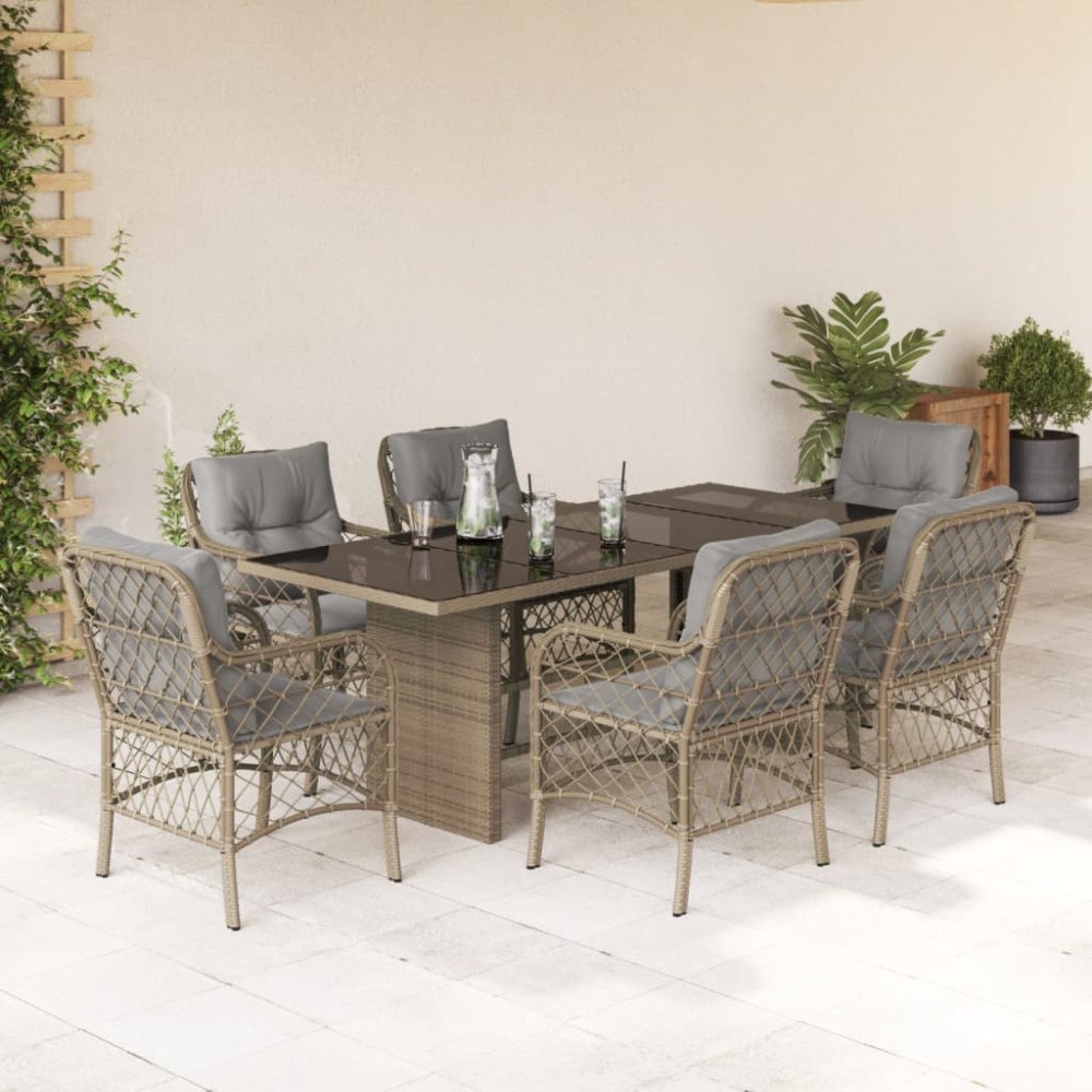 vidaXL Matgrupp för trädgården med dynor 7 delar mixbeige konstrotting