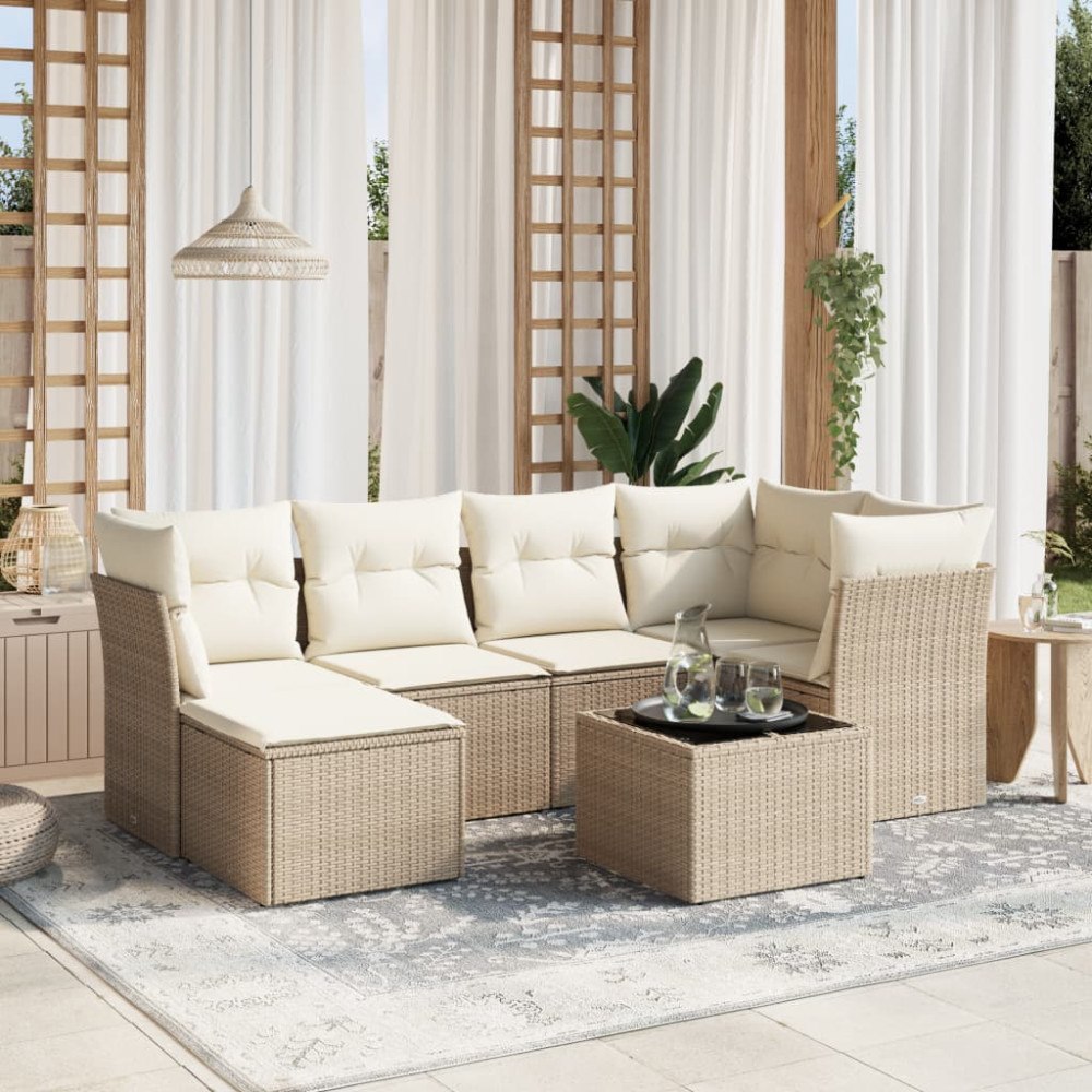 vidaXL Matgrupp för trädgården med dynor 7 delar beige konstrotting