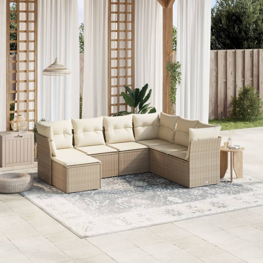 vidaXL Matgrupp för trädgården med dynor 7 delar beige konstrotting