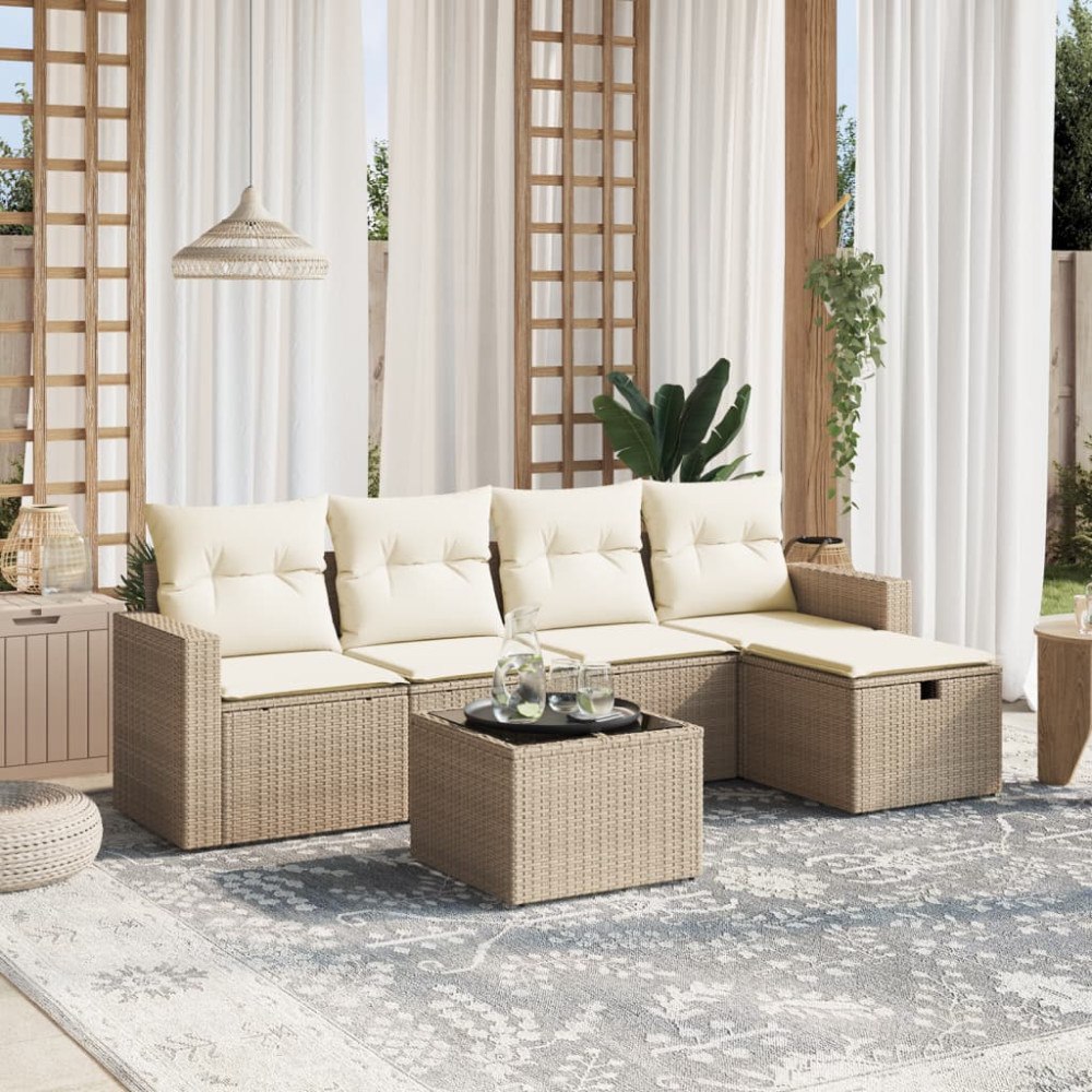 vidaXL Soffgrupp för trädgården med dynor 6 delar beige konstrotting