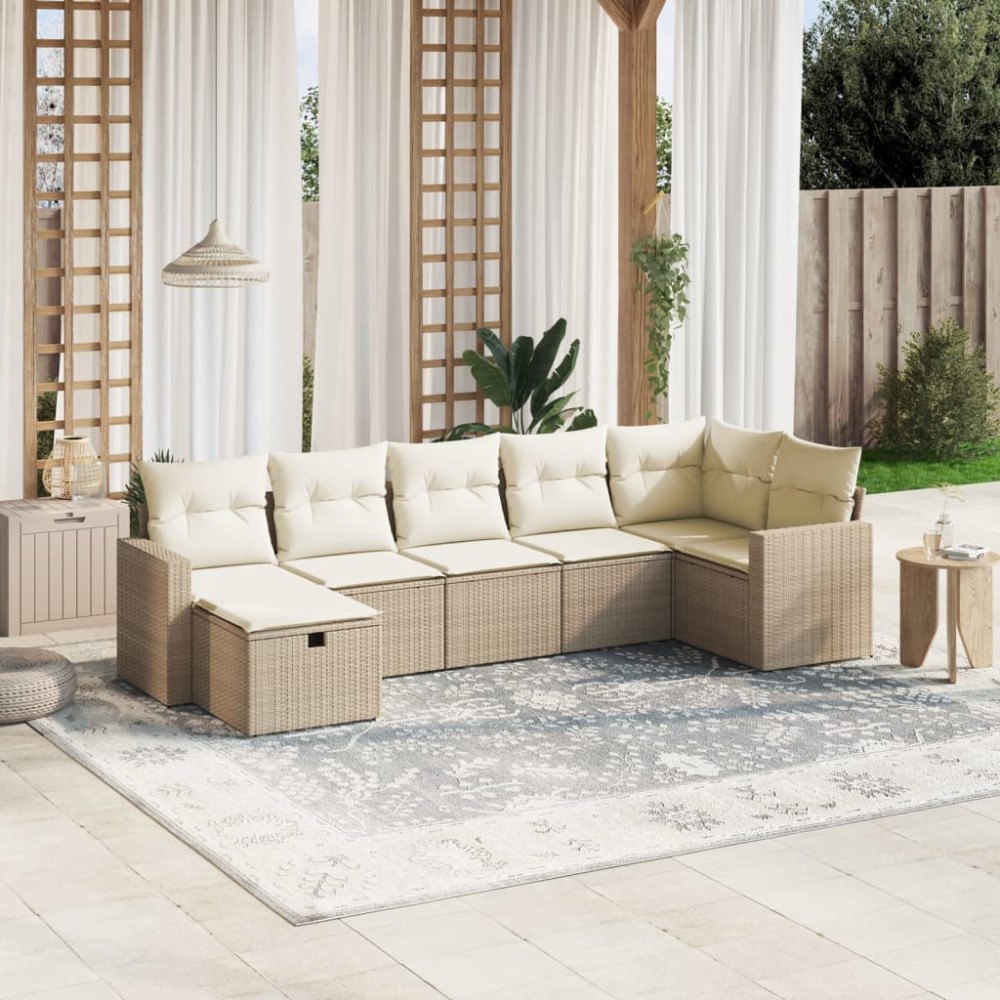 vidaXL Matgrupp för trädgården med dynor 7 delar beige konstrotting